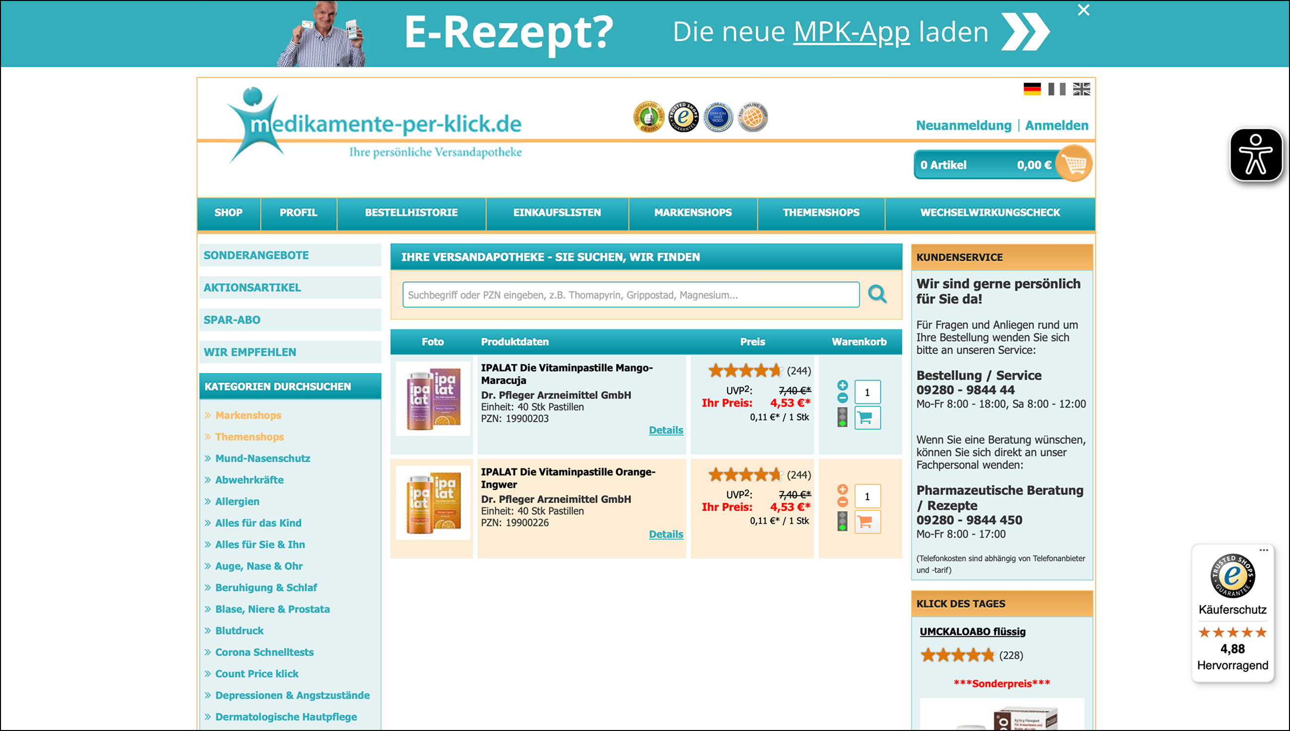 Screenshot of the pharmacy website before the redesign.