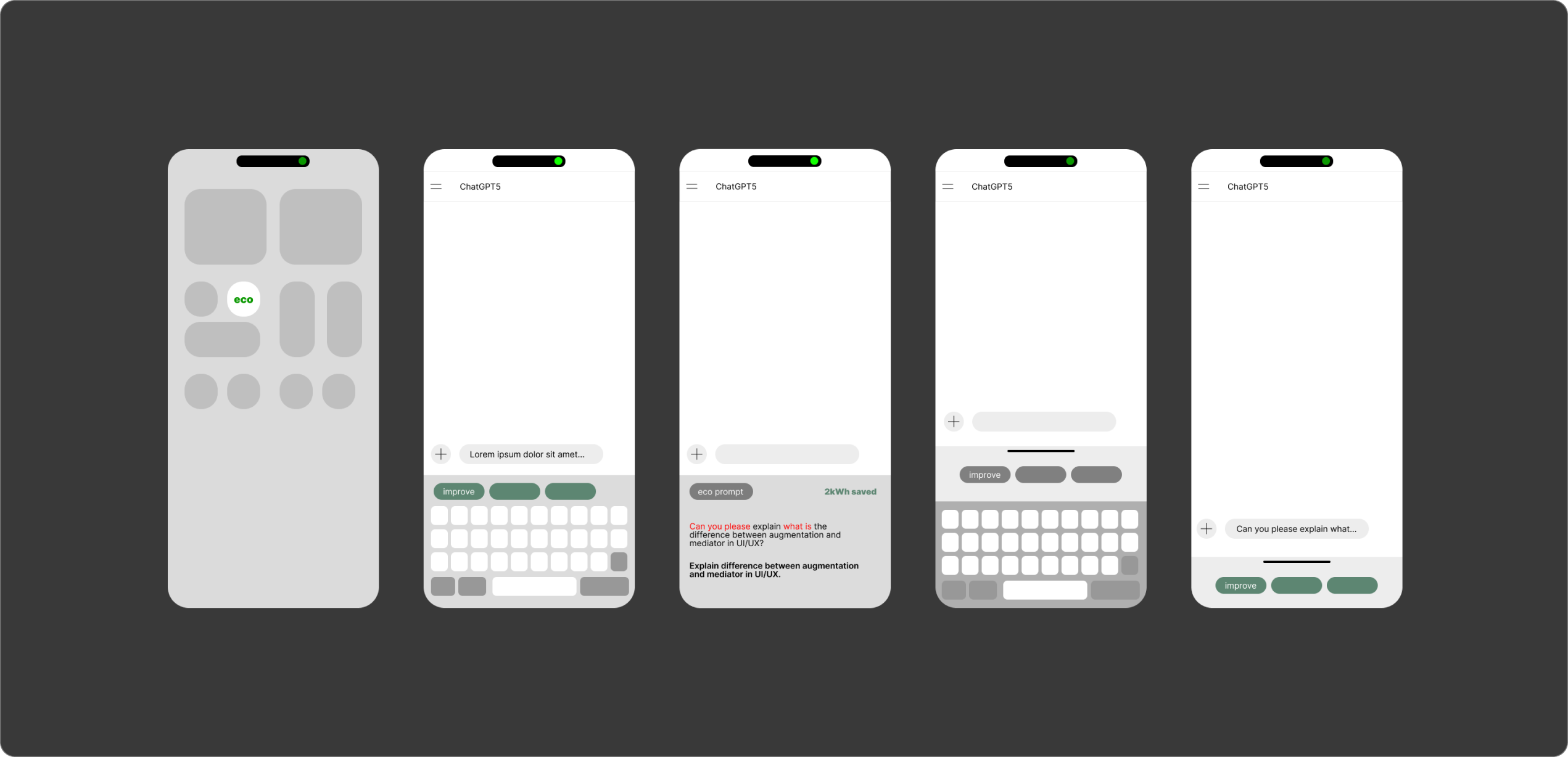Wireframes of the built-in keyboard inside the app interface.